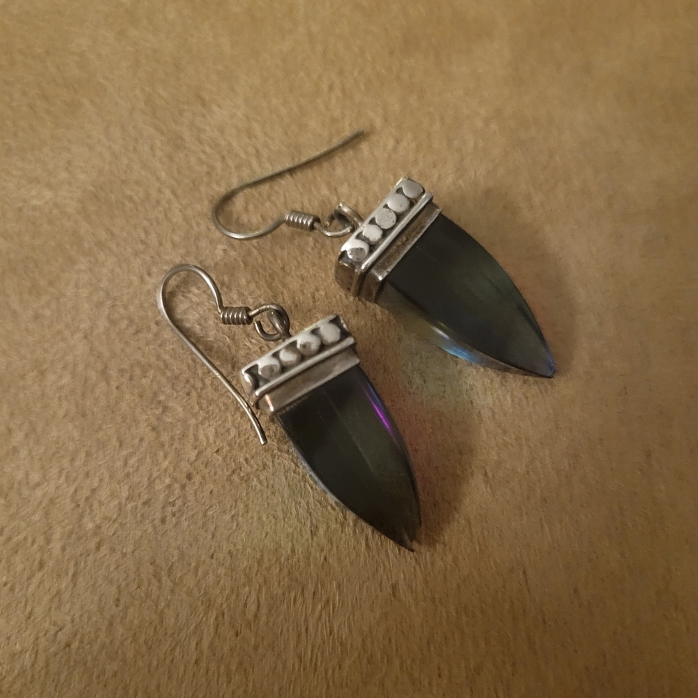 Handmade Silver and Green Iridescent Drop Earrings - Picture 5 of 5